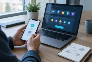Mains d’un joueur vérifiant une transaction crypto sur un smartphone à côté d’un ordinateur affichant une interface de paiement pour un jeu en ligne.